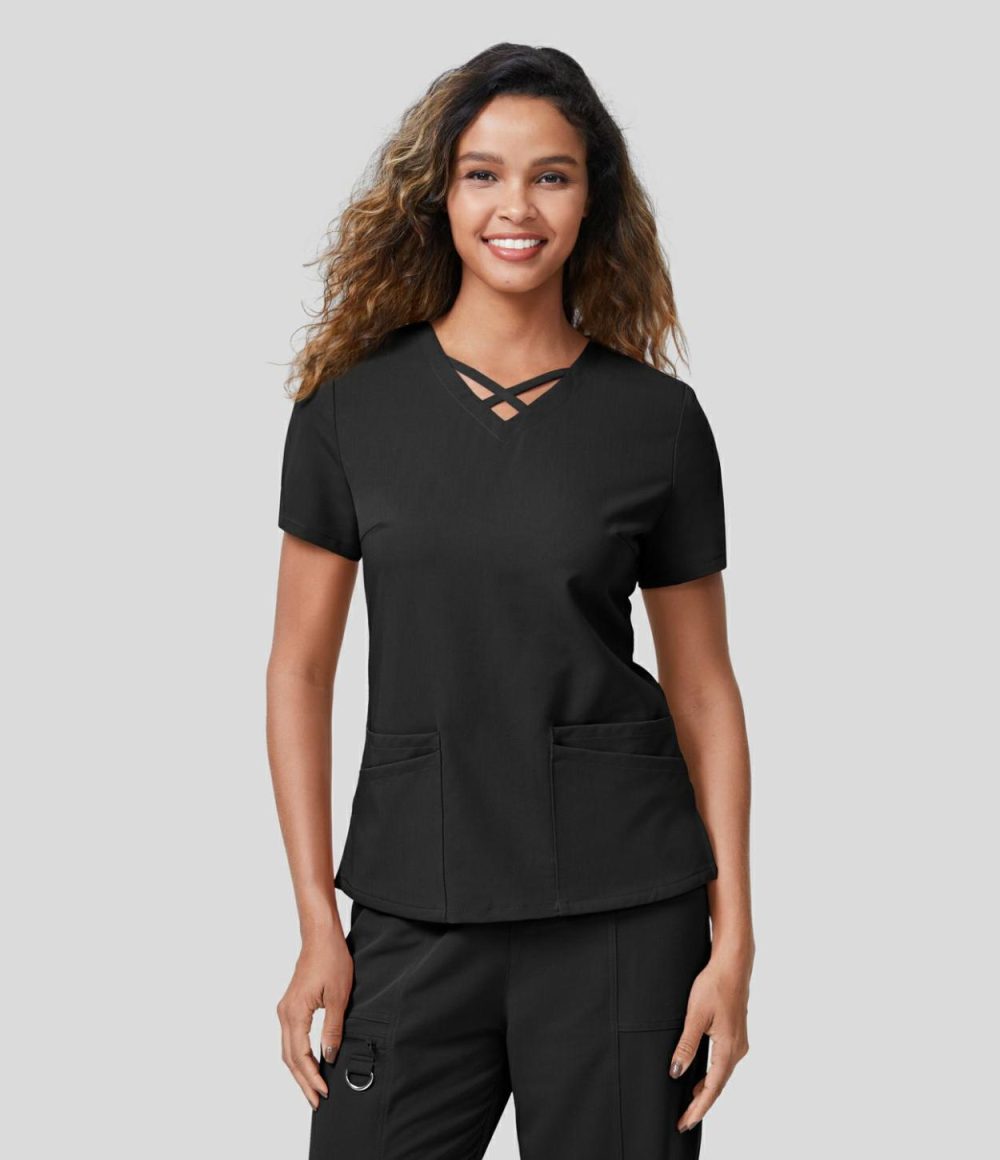 V Neck Crisscross Short Sleeve Front 2-Layered Pockets Split Hem Work Blouse  | Womens  T-Shirts Clothing Desert Rose/Black