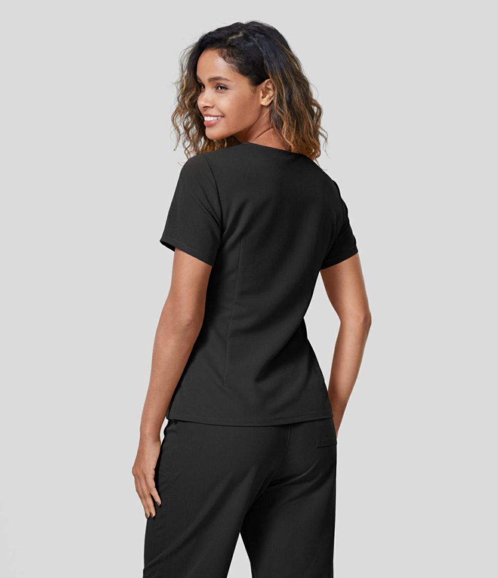 V Neck Crisscross Short Sleeve Front 2-Layered Pockets Split Hem Work Blouse  | Womens  T-Shirts Clothing Desert Rose/Black