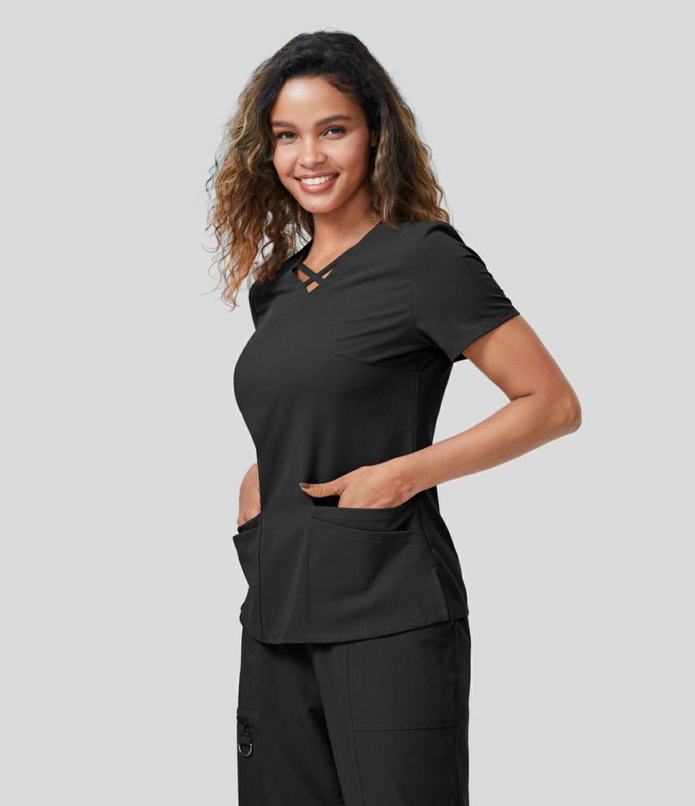 V Neck Crisscross Short Sleeve Front 2-Layered Pockets Split Hem Work Blouse  | Womens  T-Shirts Clothing Desert Rose/Black