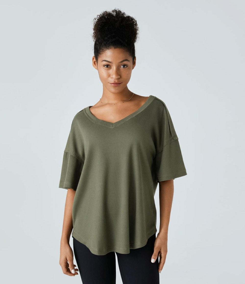 V Neck Dropped Shoulder Curved Hem Relaxed Waffle Casual T-Shirt  | Womens  T-Shirts Clothing Black/Azurite Green