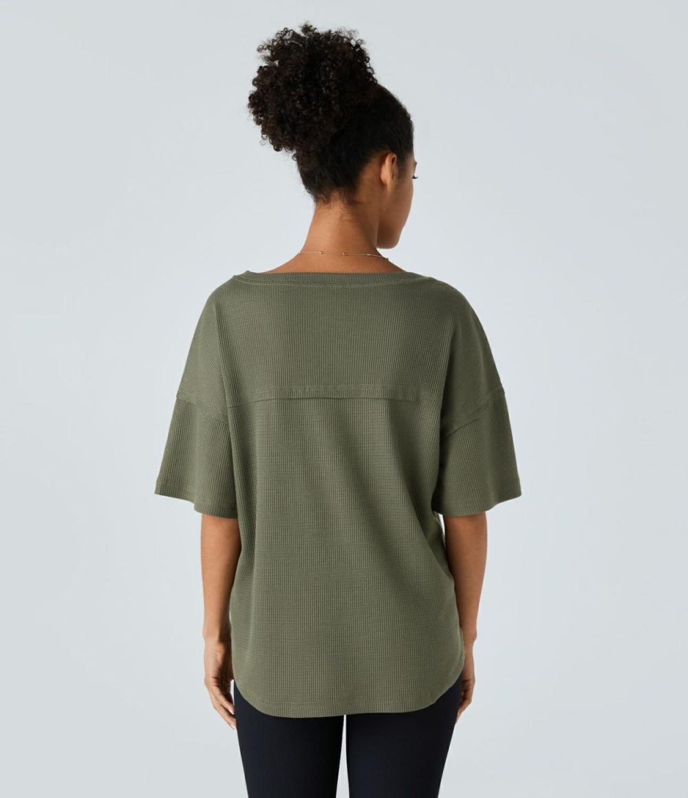 V Neck Dropped Shoulder Curved Hem Relaxed Waffle Casual T-Shirt  | Womens  T-Shirts Clothing Black/Azurite Green