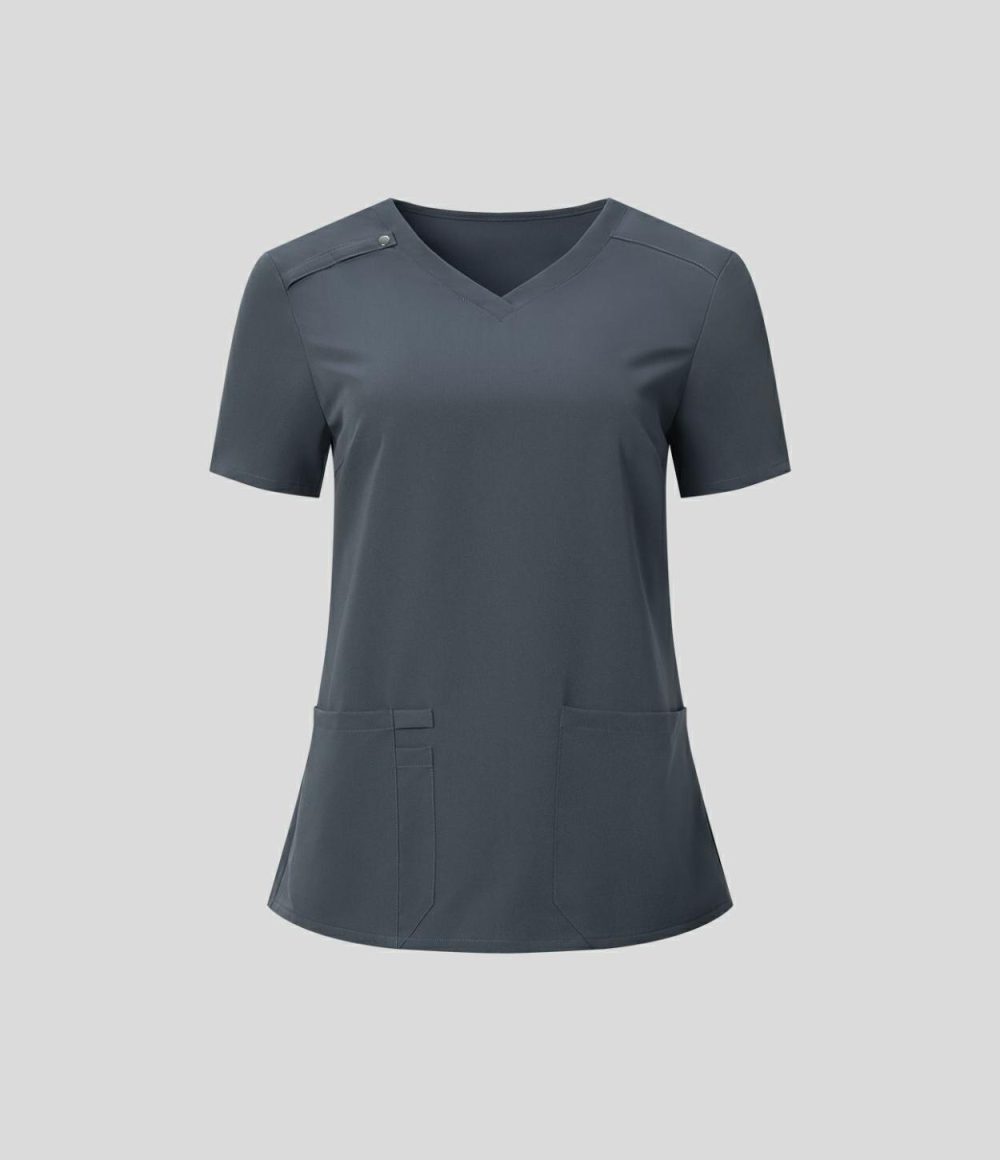 V Neck Front Multifunctional Pocket Pen Slot Work Blouse  | Womens  T-Shirts Clothing Fog Grey Blue/Bleached Denim