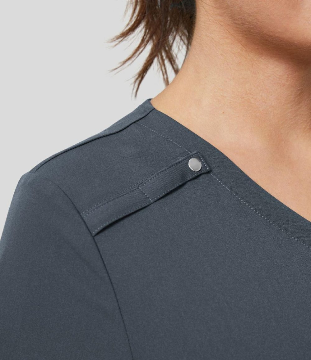 V Neck Front Multifunctional Pocket Pen Slot Work Blouse  | Womens  T-Shirts Clothing Fog Grey Blue/Bleached Denim