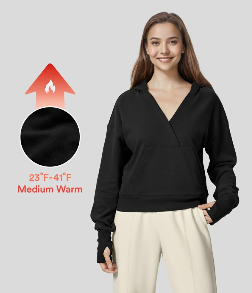 V Neck Hooded Dropped Shoulder Thumb Hole Kangaroo Pocket Fleece Yoga Cotton Sweatshirt  | Womens  Long Sleeve Tops Clothing Black/Monk'S Robe