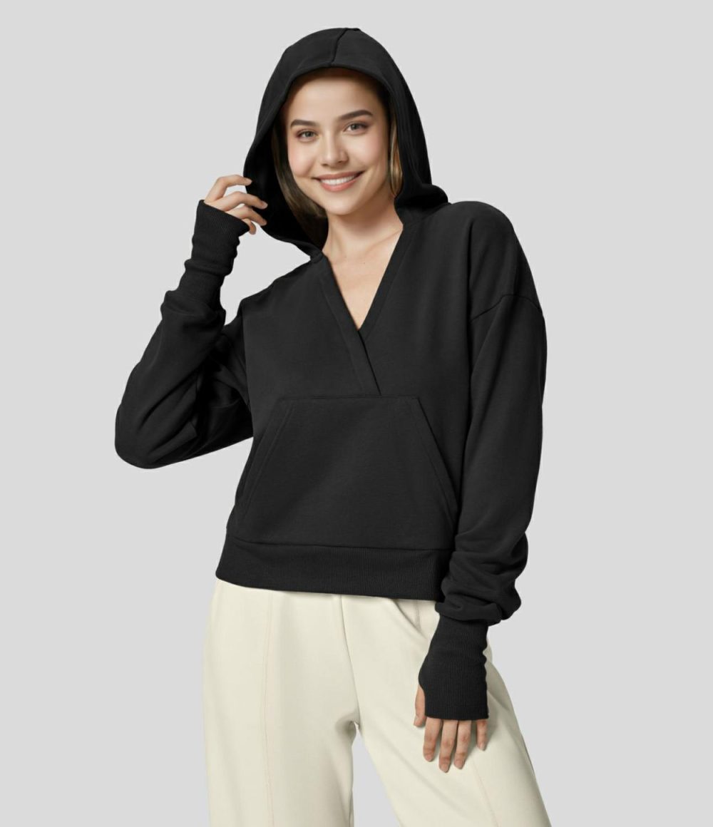 V Neck Hooded Dropped Shoulder Thumb Hole Kangaroo Pocket Fleece Yoga Cotton Sweatshirt  | Womens  Long Sleeve Tops Clothing Black/Monk'S Robe