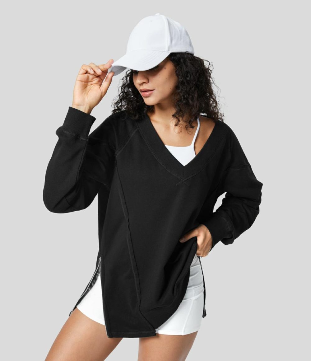 V Neck Long Sleeve Adjustable Zipper Hem Casual Cotton Sports Sweatshirt  | Womens  Long Sleeve Tops Clothing Long Sleeve Tops