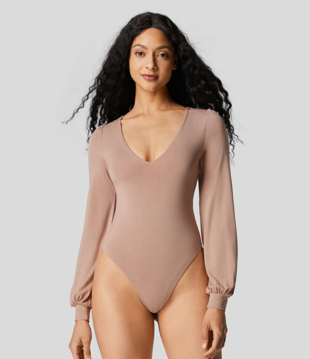 V Neck Long Sleeve Button Work Bodysuit  | Womens  Bodysuits Bodysuits Bodysuits