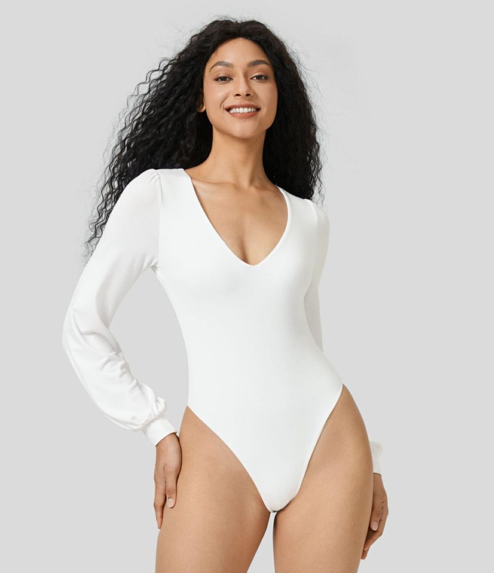 V Neck Long Sleeve Button Work Bodysuit  | Womens  Bodysuits Bodysuits Bodysuits