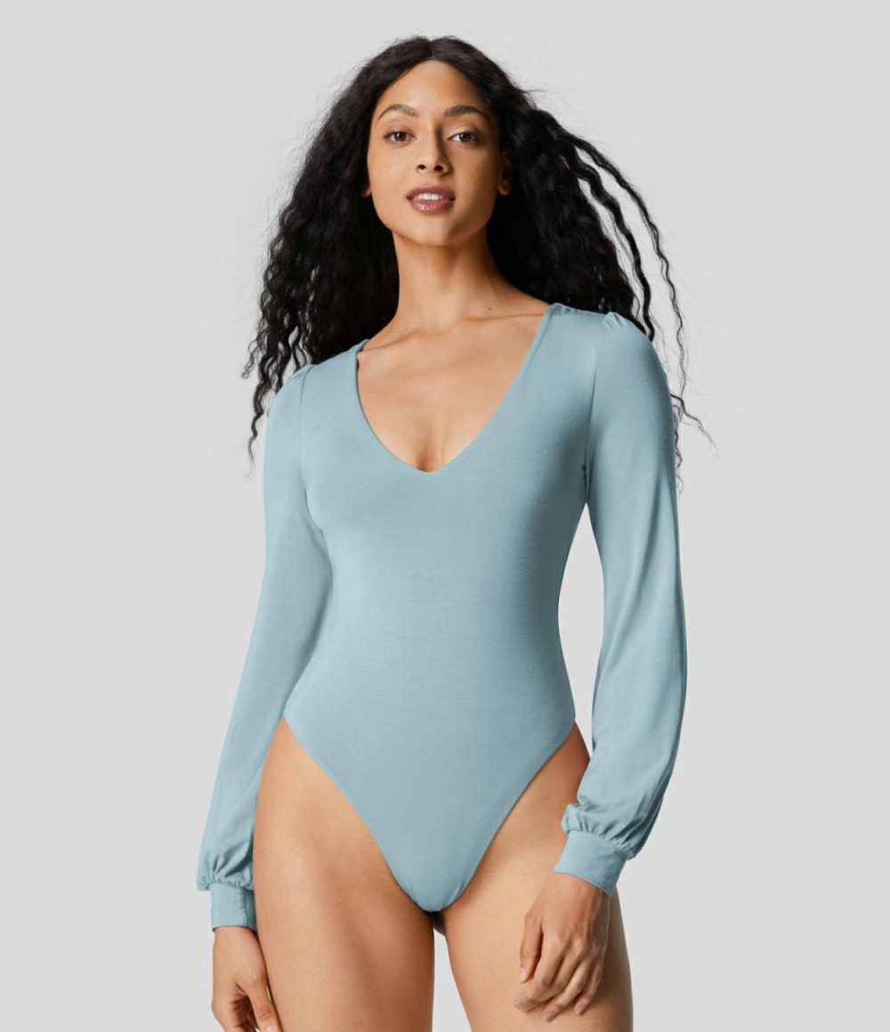 V Neck Long Sleeve Button Work Bodysuit  | Womens  Bodysuits Bodysuits Bodysuits