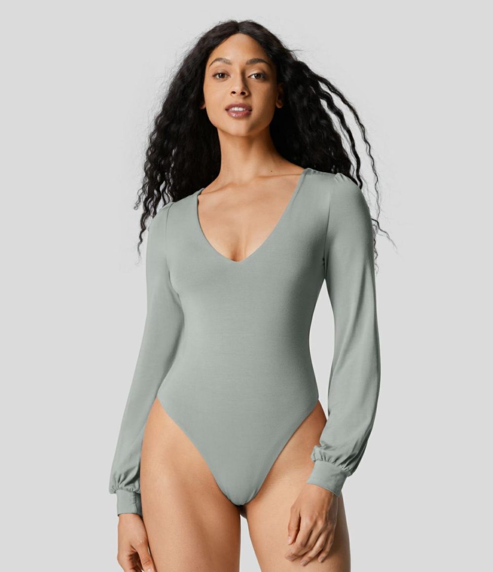 V Neck Long Sleeve Button Work Bodysuit  | Womens  Bodysuits Bodysuits Bodysuits