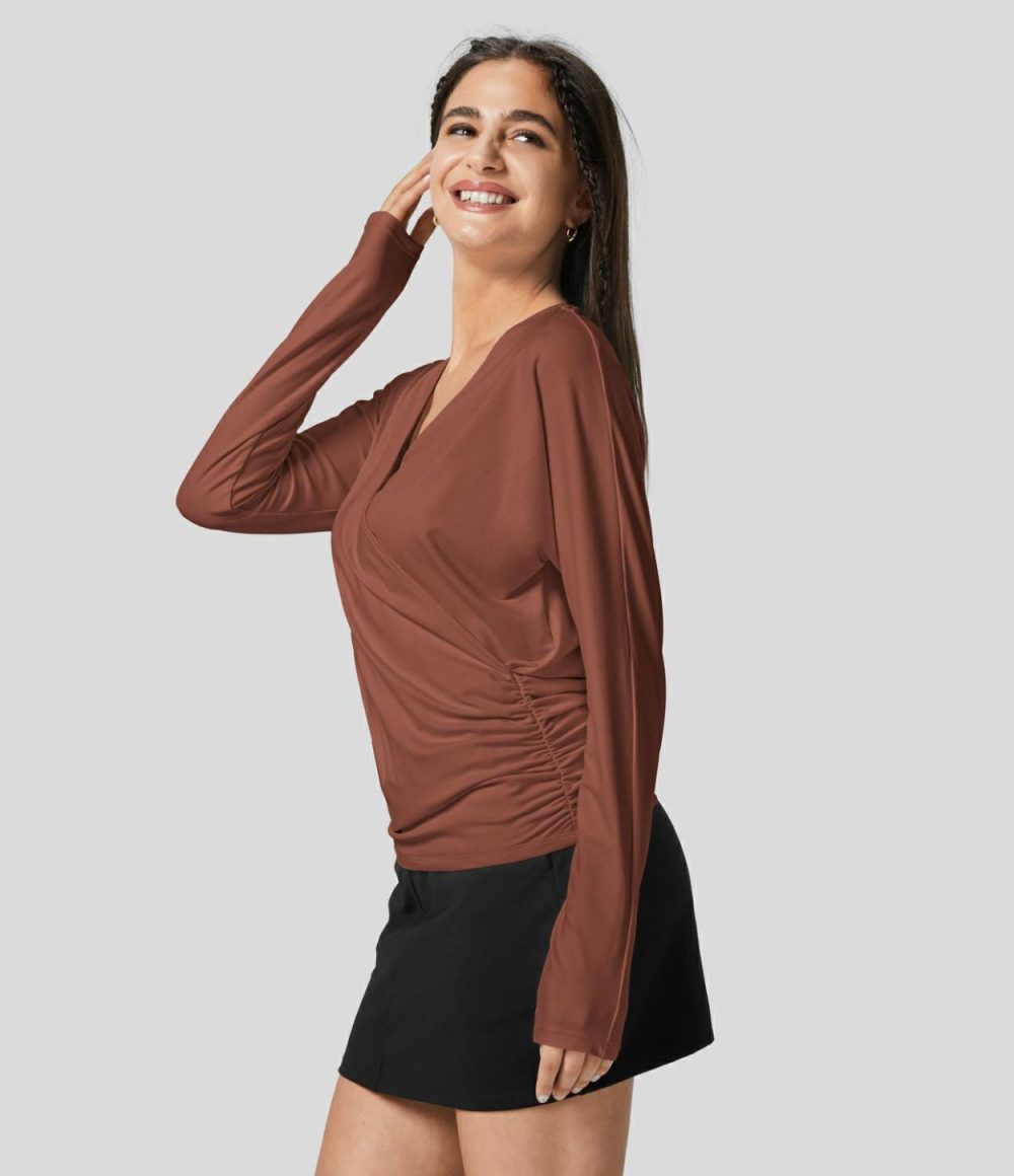 V Neck Long Sleeve Crossover Ruched Solid Work Top  | Womens  Long Sleeve Tops Clothing Black/Maple Syrup