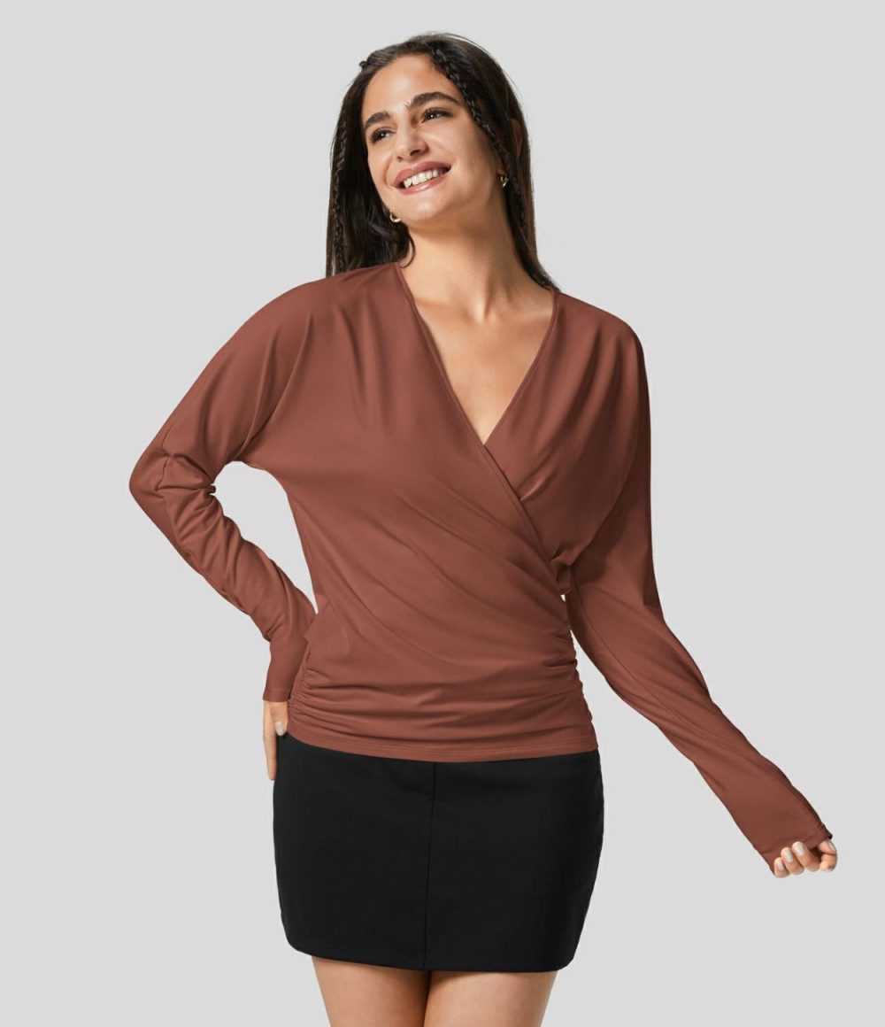 V Neck Long Sleeve Crossover Ruched Solid Work Top  | Womens  Long Sleeve Tops Clothing Black/Maple Syrup