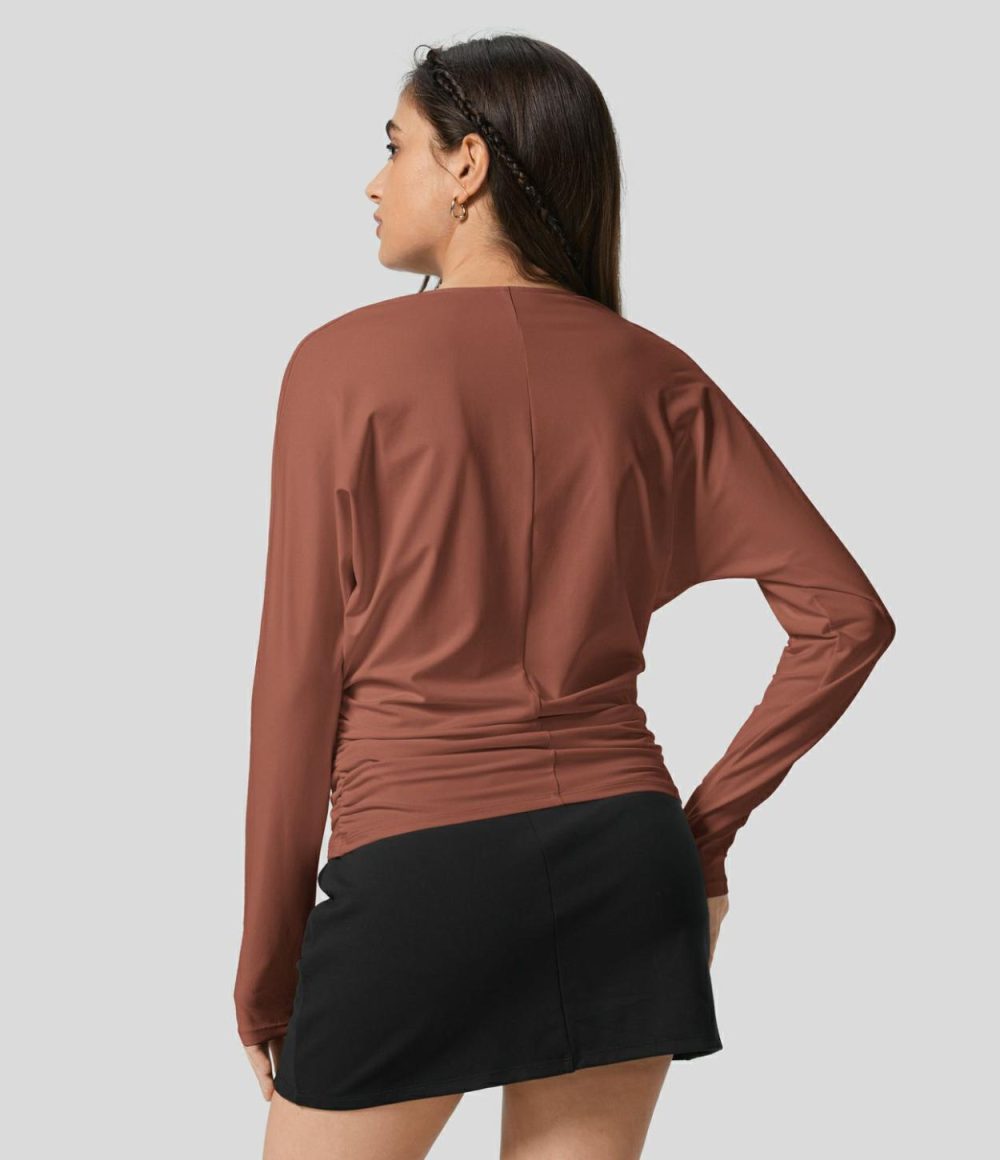 V Neck Long Sleeve Crossover Ruched Solid Work Top  | Womens  Long Sleeve Tops Clothing Black/Maple Syrup