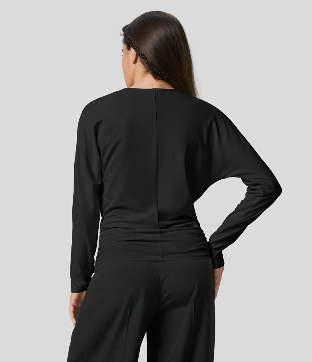 V Neck Long Sleeve Crossover Ruched Solid Work Top  | Womens  Long Sleeve Tops Clothing Black/Maple Syrup