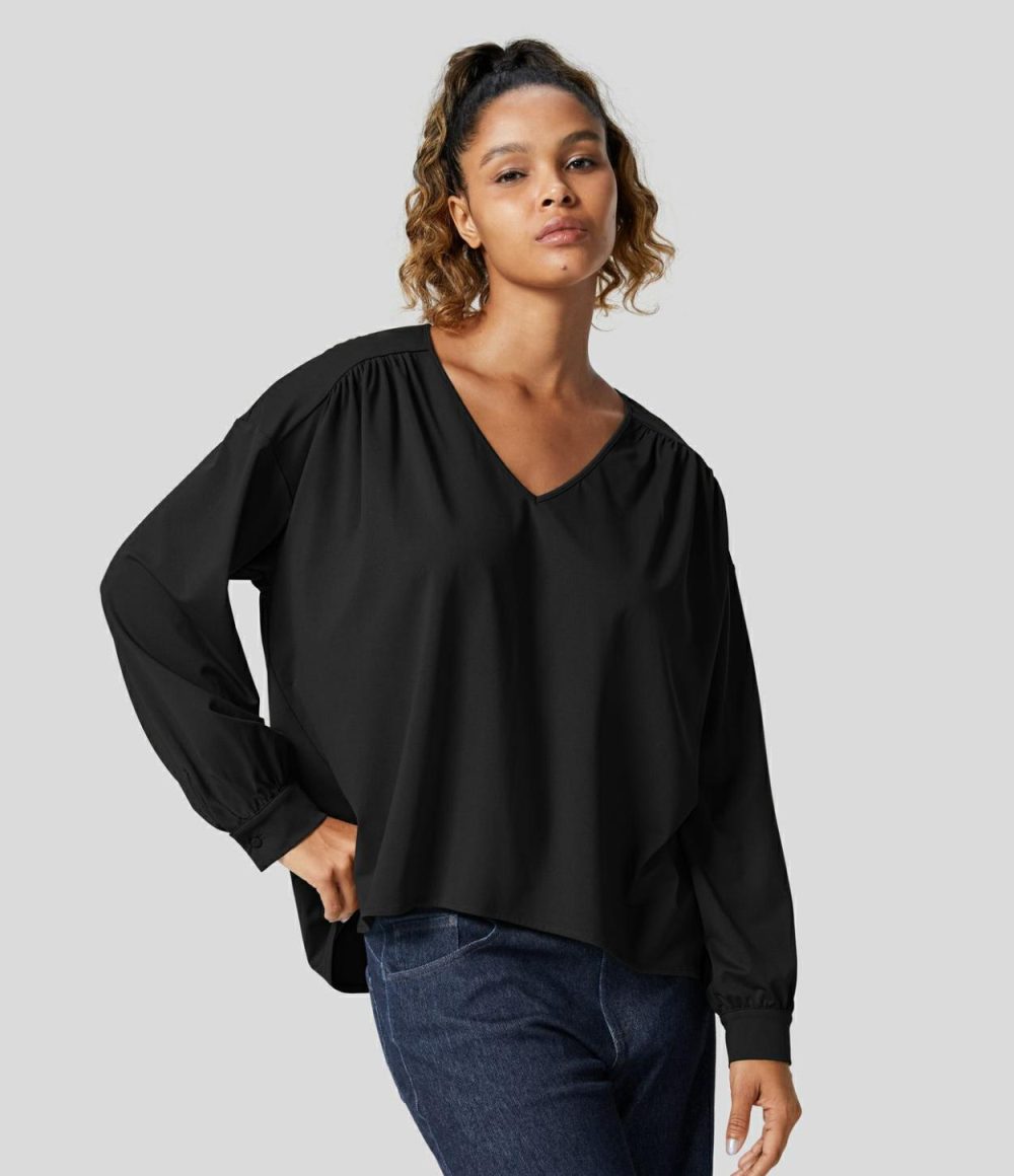 V Neck Long Sleeve Plicated Split Casual Blouse  | Womens  Long Sleeve Tops Clothing Black/Capulet Olive