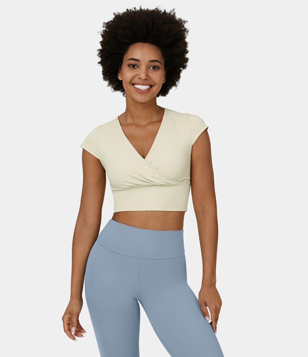 V Neck Plicated Cropped Yoga Sports Top  | Womens  Sports Tops Clothing Coconut Milk/Spa Retreat/Black