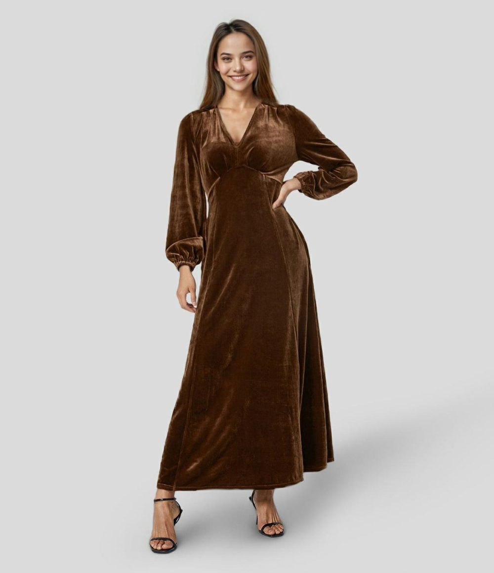 V Neck Plicated Puff Sleeve Velvet Maxi Party Dress  | Womens  Party Dresses Clothing Party Dresses