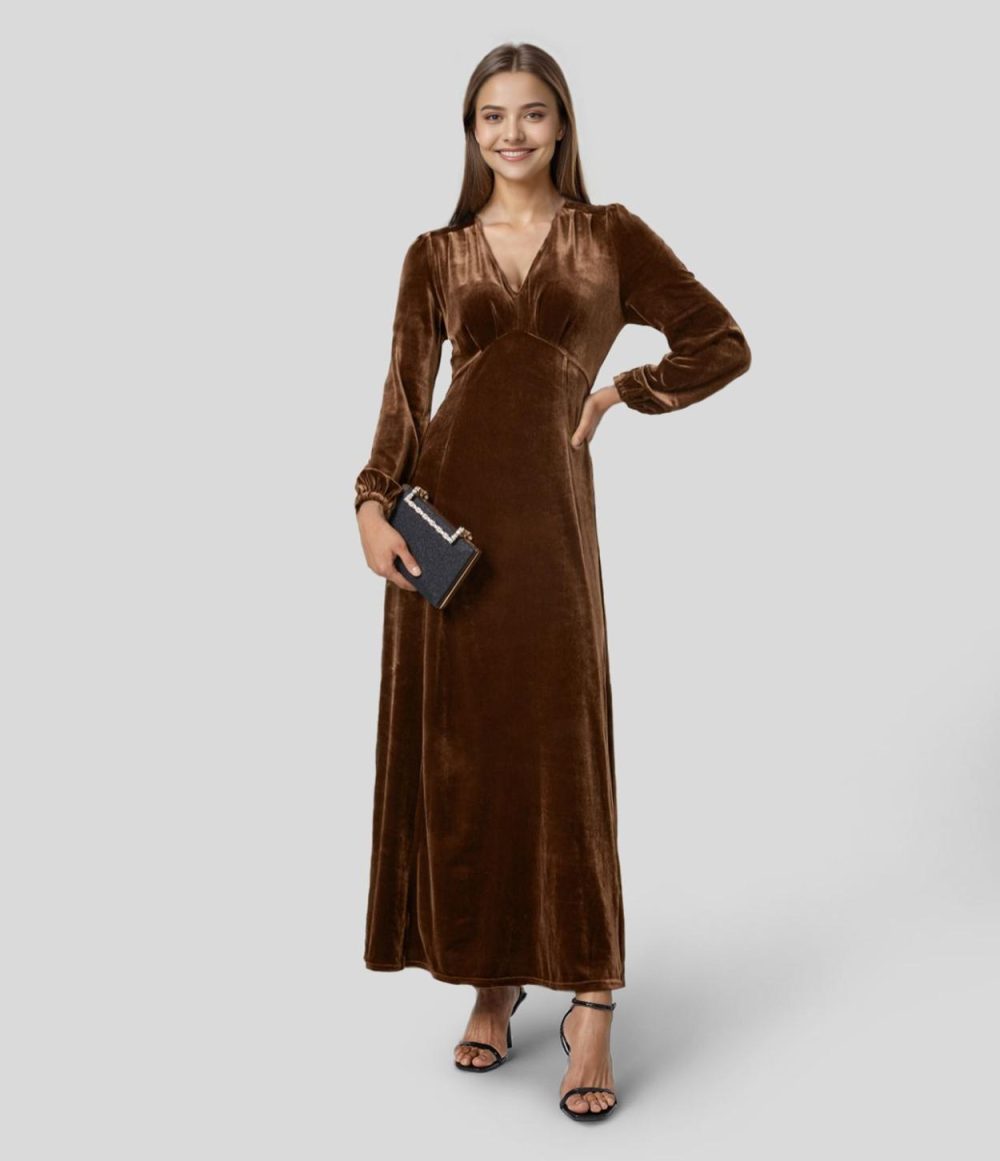 V Neck Plicated Puff Sleeve Velvet Maxi Party Dress  | Womens  Party Dresses Clothing Party Dresses