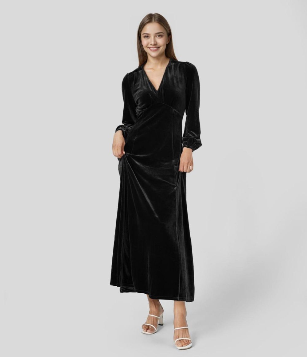 V Neck Plicated Puff Sleeve Velvet Maxi Party Dress  | Womens  Party Dresses Clothing Party Dresses