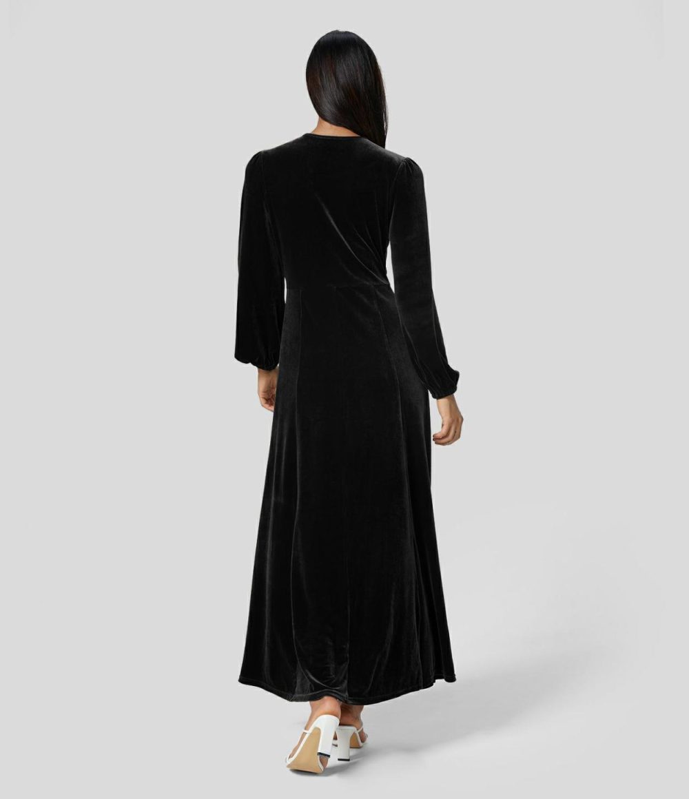 V Neck Plicated Puff Sleeve Velvet Maxi Party Dress  | Womens  Party Dresses Clothing Party Dresses