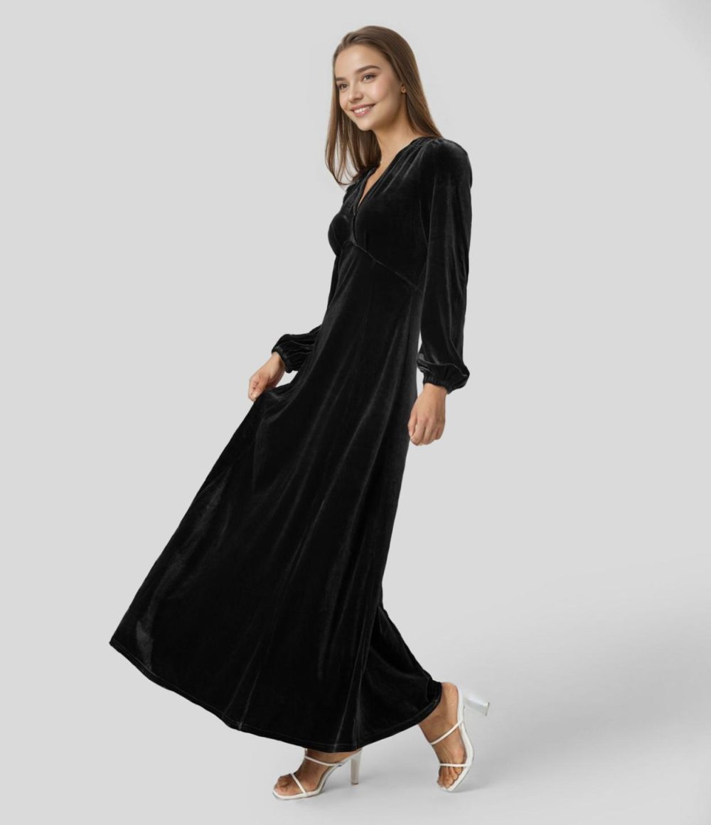 V Neck Plicated Puff Sleeve Velvet Maxi Party Dress  | Womens  Party Dresses Clothing Party Dresses