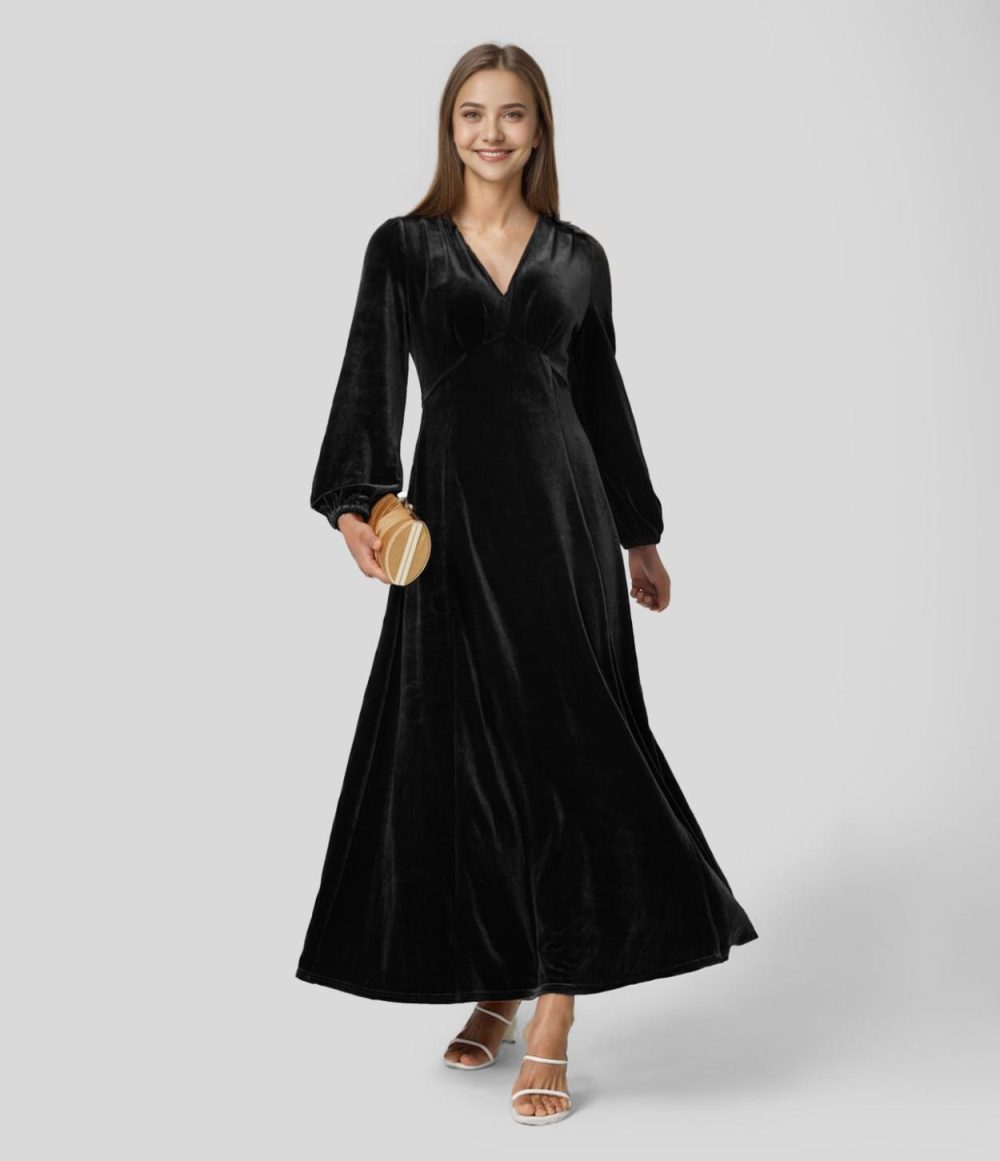 V Neck Plicated Puff Sleeve Velvet Maxi Party Dress  | Womens  Party Dresses Clothing Party Dresses