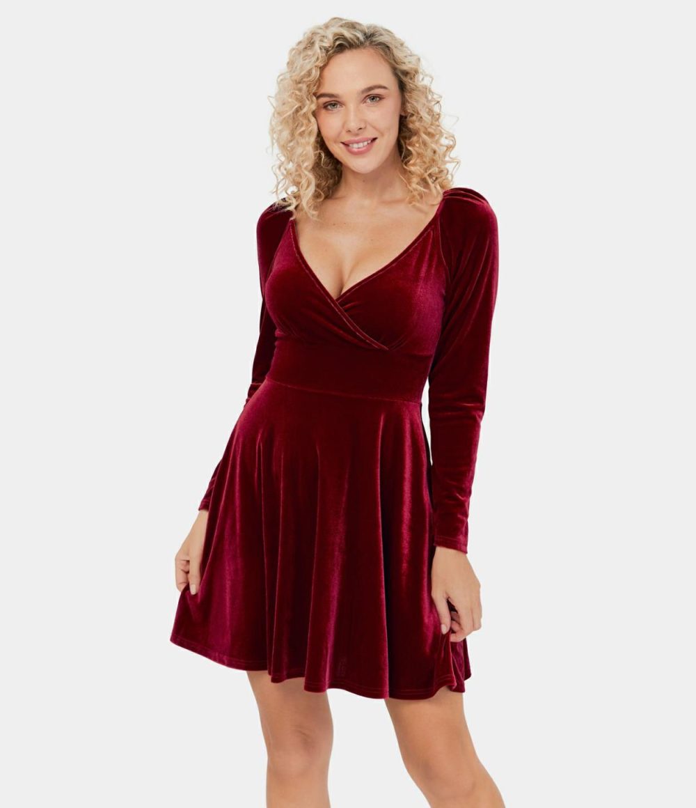 V Neck Plicated Velvet Mini Flare Casual Dress  | Womens  Mini Dresses Clothing Mini Dresses