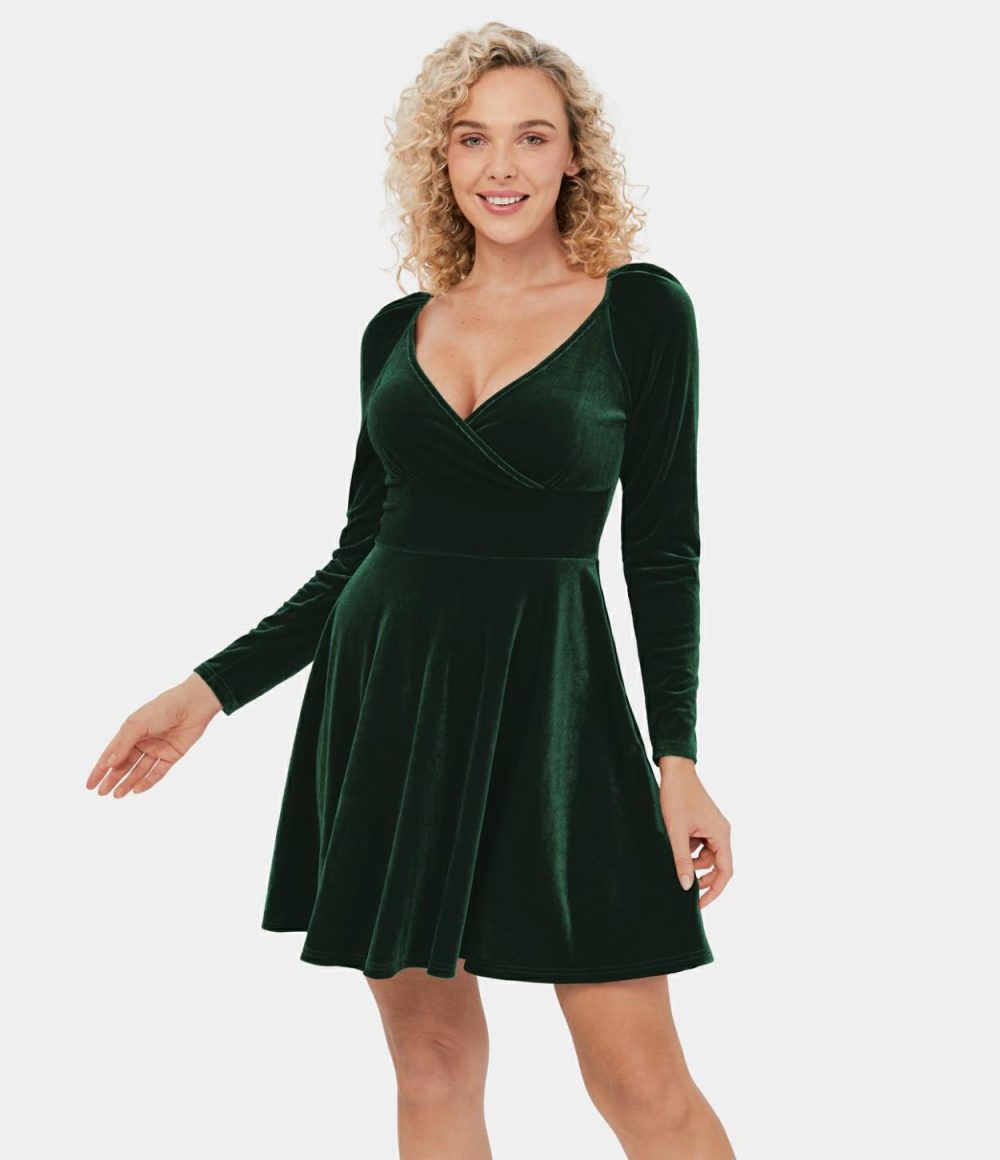 V Neck Plicated Velvet Mini Flare Casual Dress  | Womens  Mini Dresses Clothing Mini Dresses