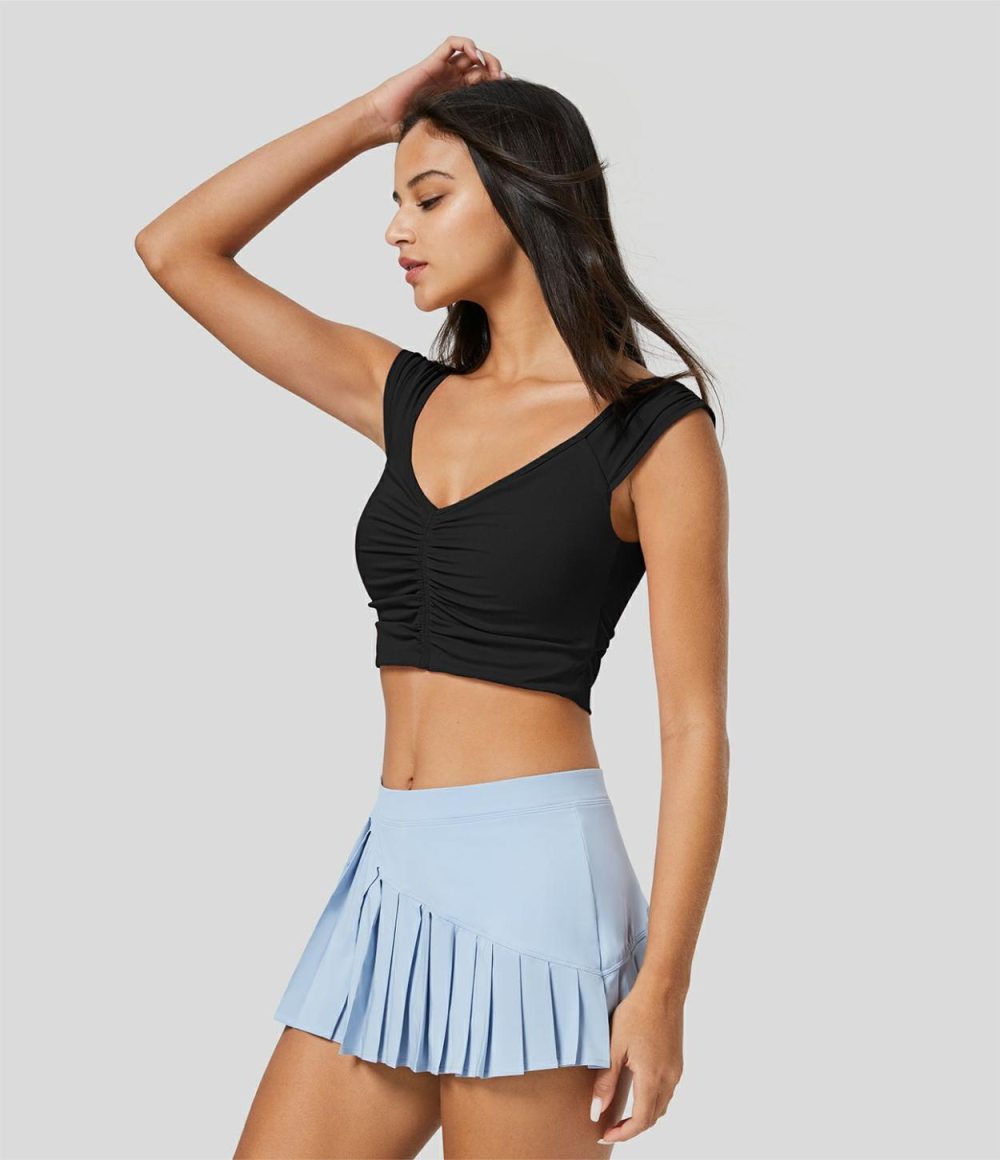 V Neck Ruched Cut Out Cropped Quick Dry Tennis Tank Top  | Womens  Cropped Tops Clothing Cropped Tops