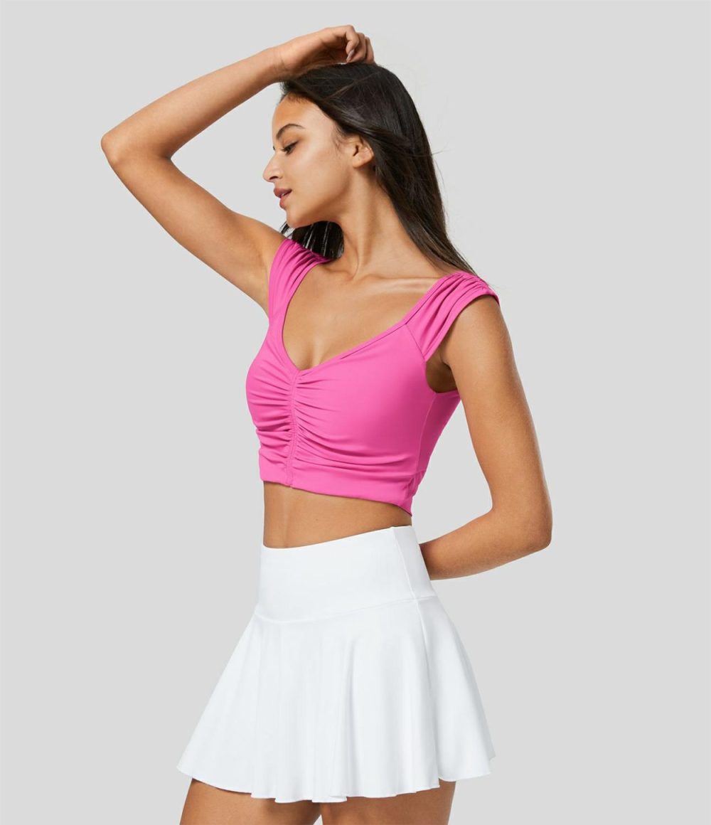 V Neck Ruched Cut Out Cropped Quick Dry Tennis Tank Top  | Womens  Cropped Tops Clothing Cropped Tops