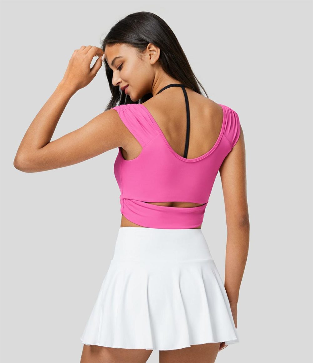 V Neck Ruched Cut Out Cropped Quick Dry Tennis Tank Top  | Womens  Cropped Tops Clothing Cropped Tops