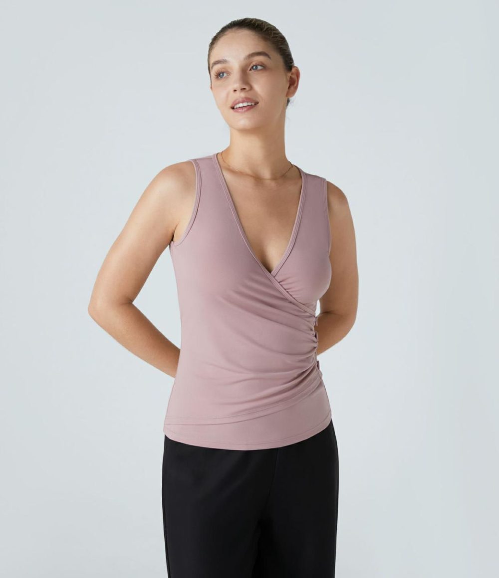 V Neck Ruched Decorative Button Work Tank Top  | Womens  T-Shirts Clothing Dusty Purple/Black