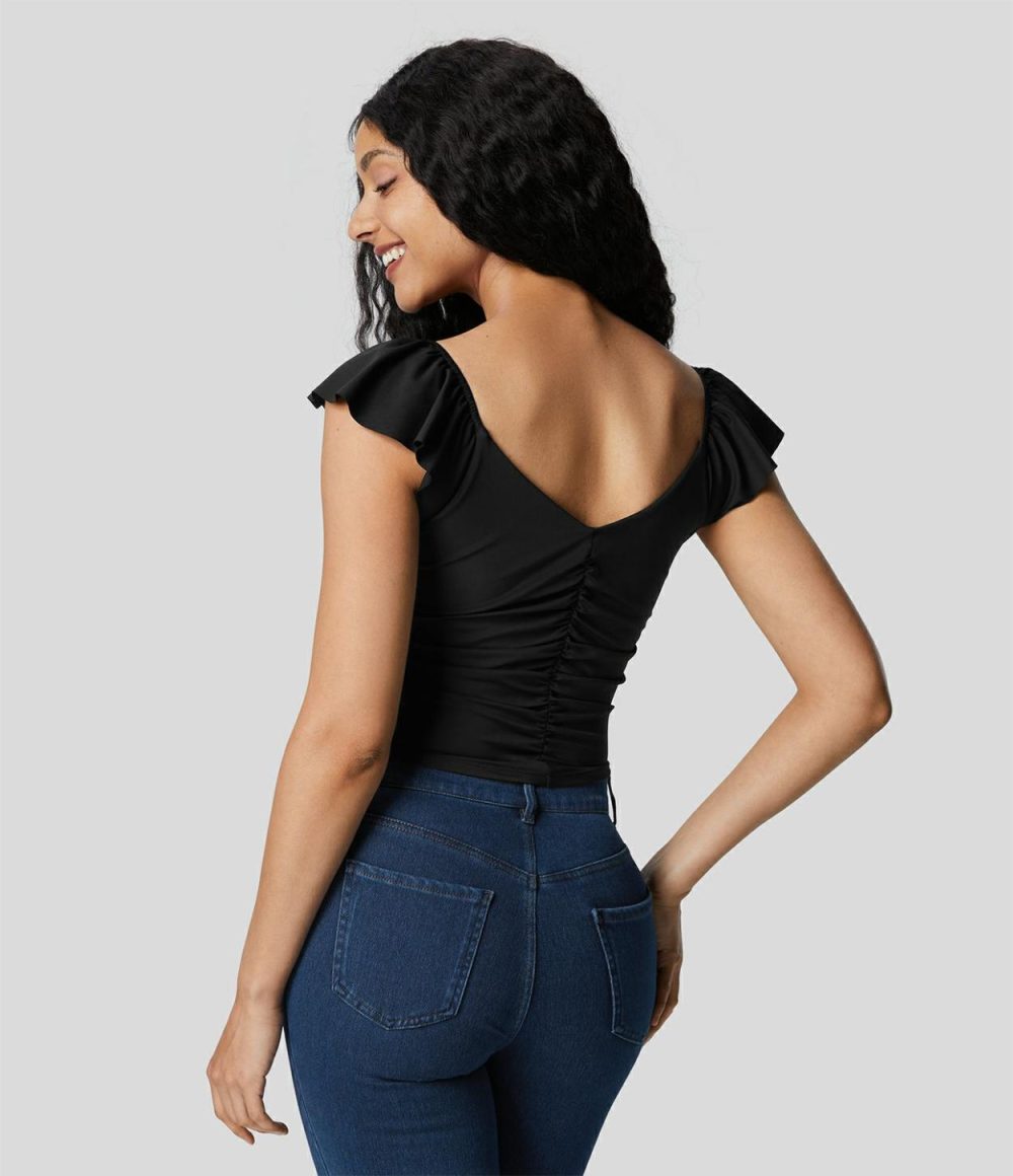 V Neck Ruched Ruffle Short Sleeve Backless Cropped Casual Top  | Womens  Cropped Tops Clothing Cropped Tops