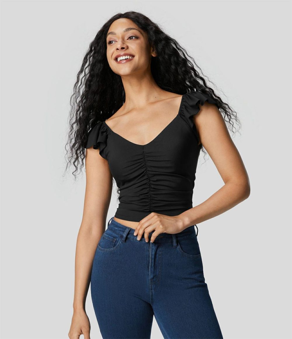 V Neck Ruched Ruffle Short Sleeve Backless Cropped Casual Top  | Womens  Cropped Tops Clothing Cropped Tops