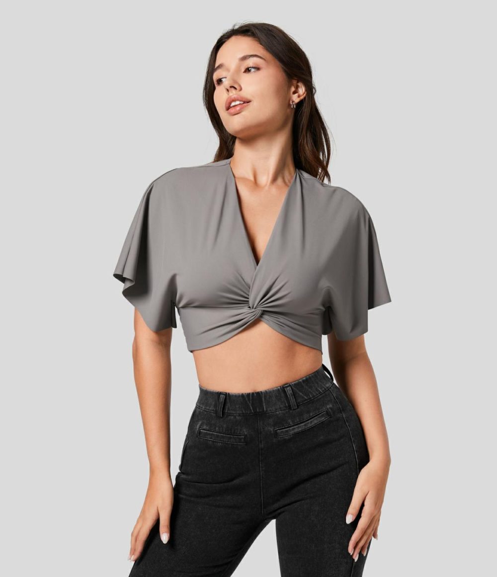 V Neck Short Sleeve Twisted Shirred Cropped Casual Blouse  | Womens  Cropped Tops Clothing Cropped Tops