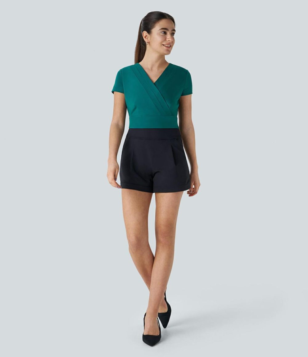 V Neck Short Sleeve Wrapped Slim Work Top  | Womens  T-Shirts Clothing Black/Turquoise Green