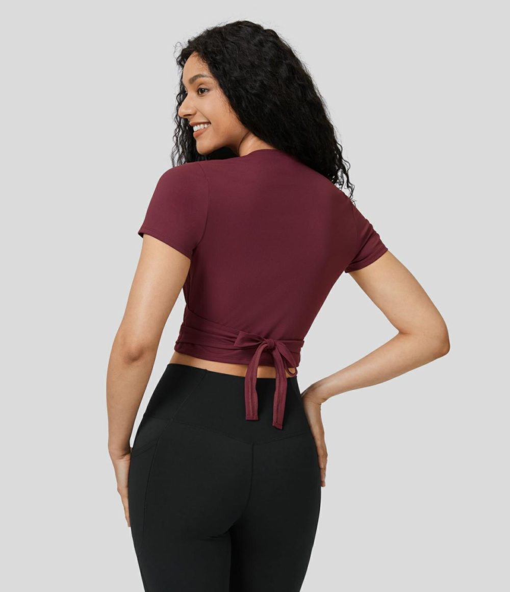 V Neck Short Sleeve Wrapped Tie Back Cropped Casual Blouse  | Womens  Cropped Tops Clothing Black/Deep Wine