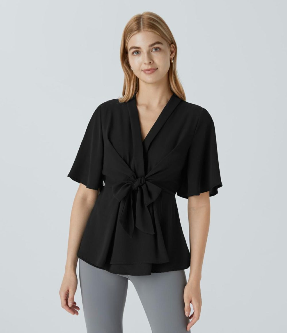 V Neck Short Sleeve Wrapped Tie Front Work Blouse  | Womens  T-Shirts Clothing Black/Forget-Me-Not