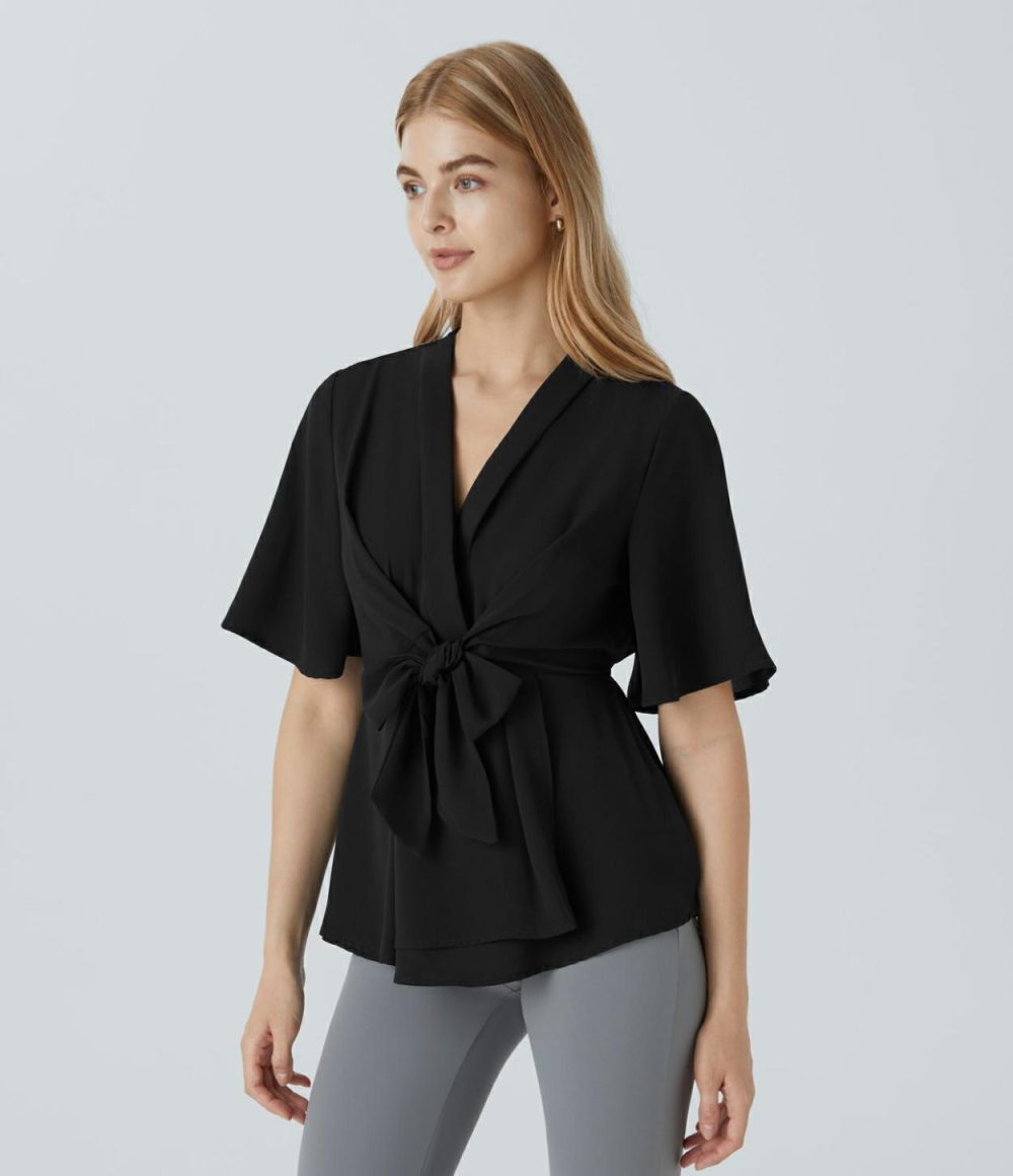 V Neck Short Sleeve Wrapped Tie Front Work Blouse  | Womens  T-Shirts Clothing Black/Forget-Me-Not