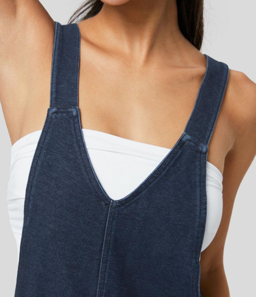 V Neck Side Pocket Stretchy Knit Denim Casual Relaxed Overalls  | Womens  Jeans Clothing Azure Denim/Charming Blue Denim