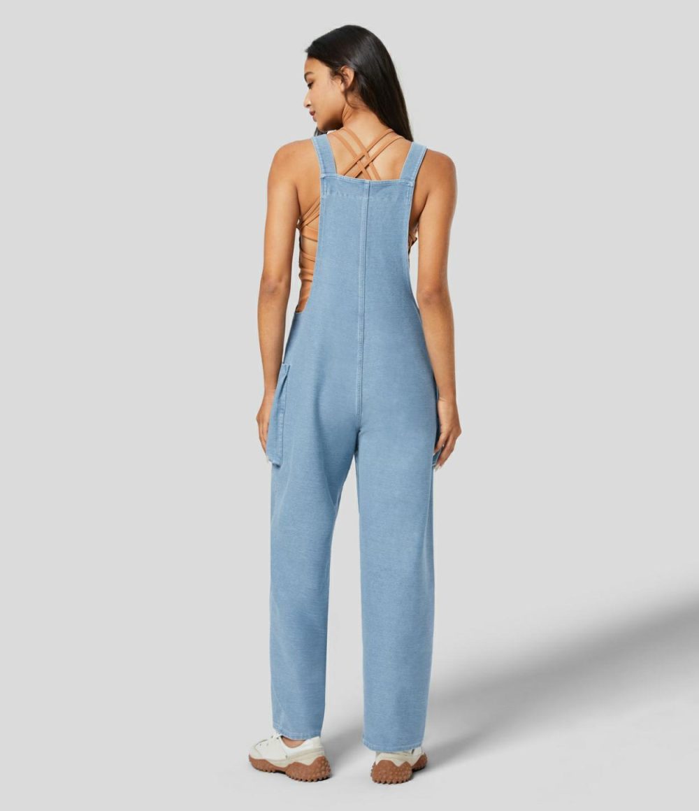 V Neck Side Pocket Stretchy Knit Denim Casual Relaxed Overalls  | Womens  Jeans Clothing Azure Denim/Charming Blue Denim