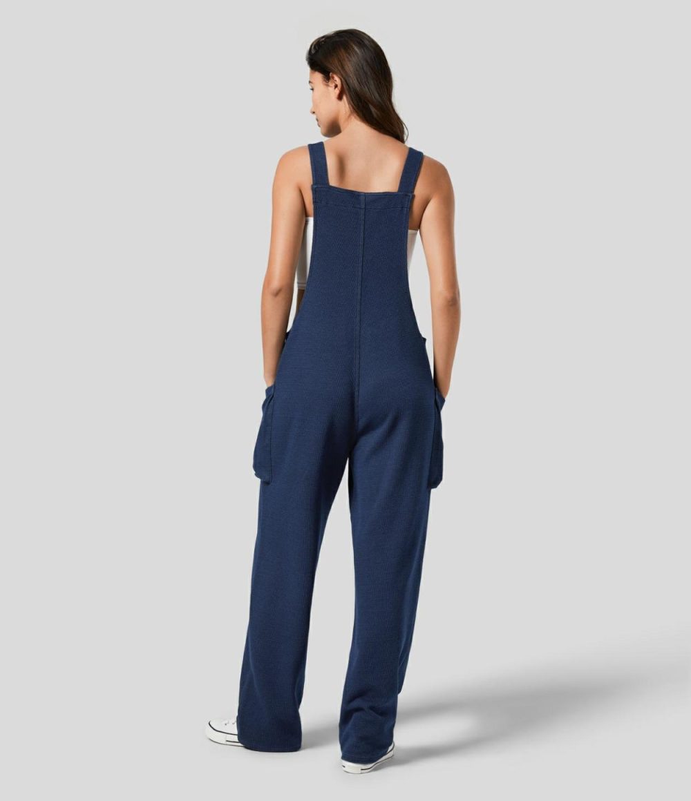 V Neck Side Poket Waffle Stretchy Knit Denim Casual Overalls  | Womens  Jeans Clothing Dark Blue Waffle