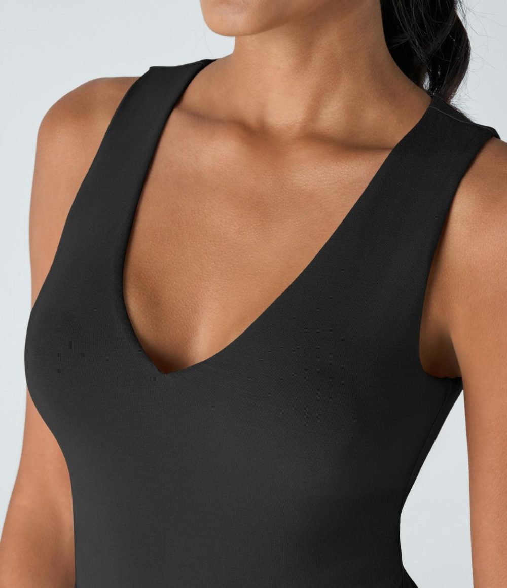 V Neck Sleeveless Button Work Bodysuit  | Womens  Bodysuits Bodysuits Bodysuits