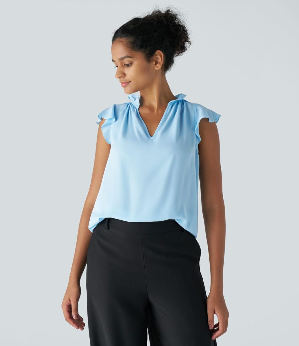 V Neck Sleeveless Ruffle Work Blouse  | Womens  T-Shirts Clothing Rippling Blue/Black