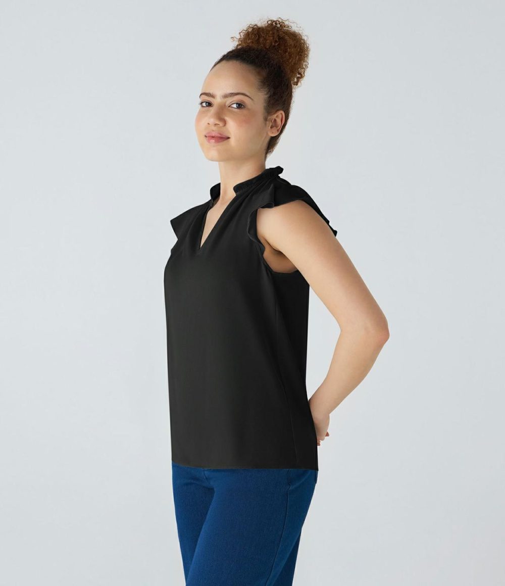 V Neck Sleeveless Ruffle Work Blouse  | Womens  T-Shirts Clothing Rippling Blue/Black