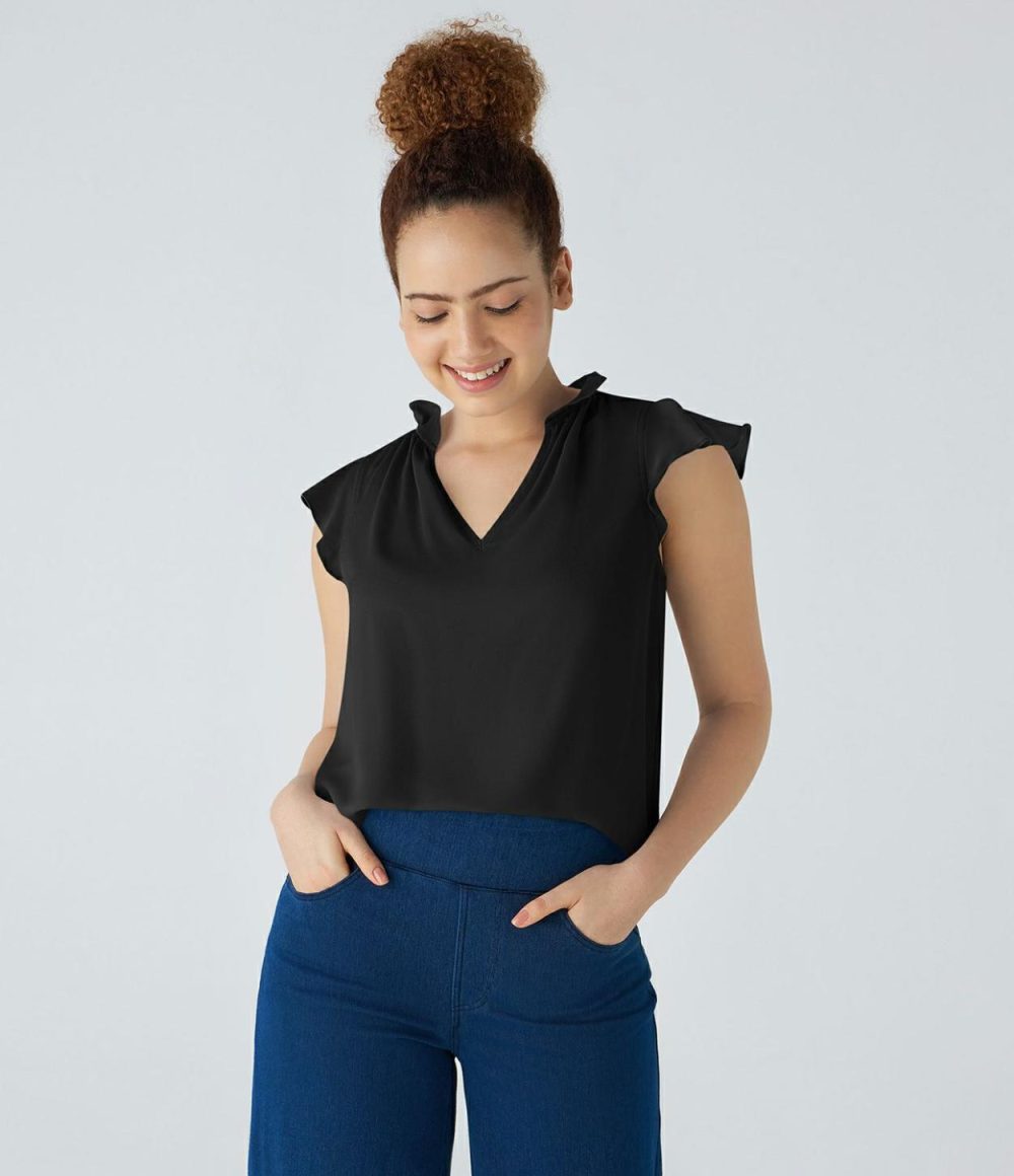 V Neck Sleeveless Ruffle Work Blouse  | Womens  T-Shirts Clothing Rippling Blue/Black