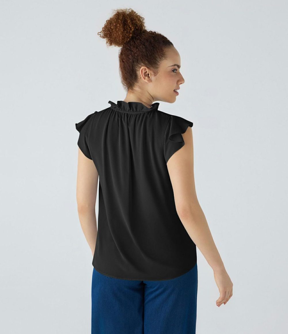 V Neck Sleeveless Ruffle Work Blouse  | Womens  T-Shirts Clothing Rippling Blue/Black