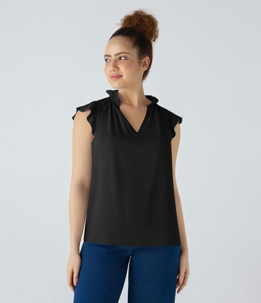 V Neck Sleeveless Ruffle Work Blouse  | Womens  T-Shirts Clothing Rippling Blue/Black