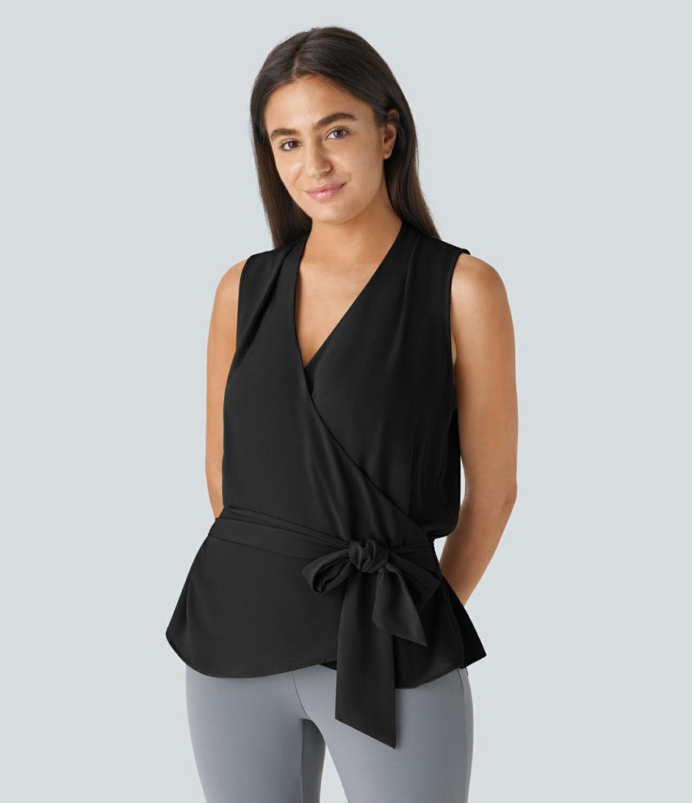 V Neck Sleeveless Wrapped Tie Front Shirred Work Blouse  | Womens  T-Shirts Clothing Black/Pale Clay Green