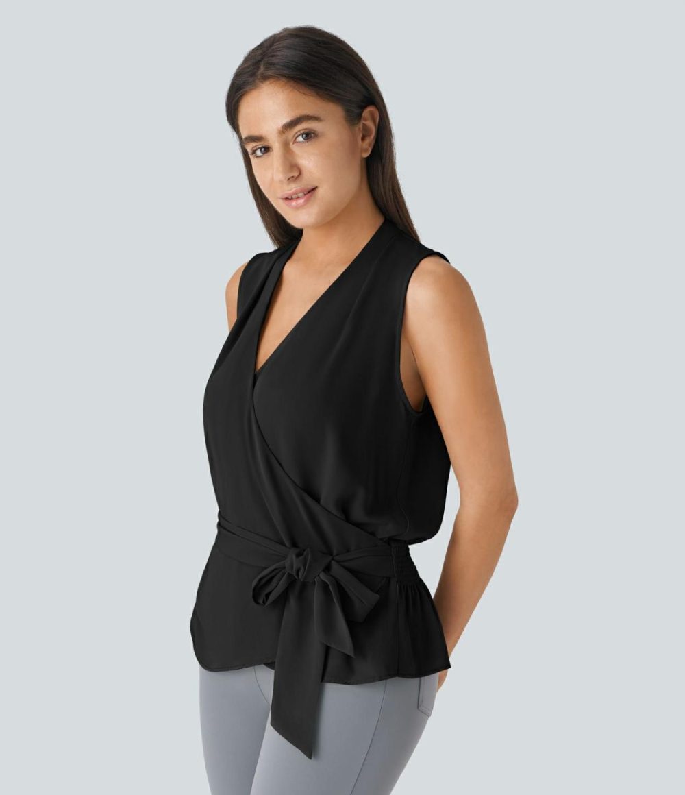 V Neck Sleeveless Wrapped Tie Front Shirred Work Blouse  | Womens  T-Shirts Clothing Black/Pale Clay Green